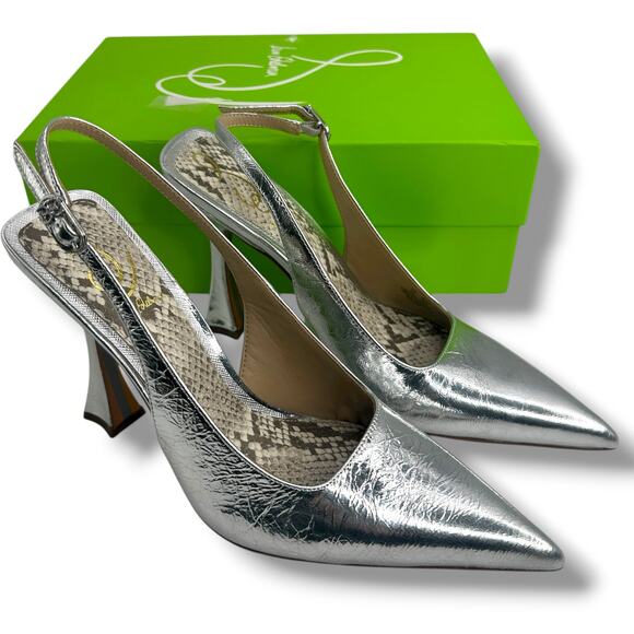NEW Sam Edelman Odette Slingback Heels Size 8 Metallic Silver Leather Pumps - Picture 1 of 12